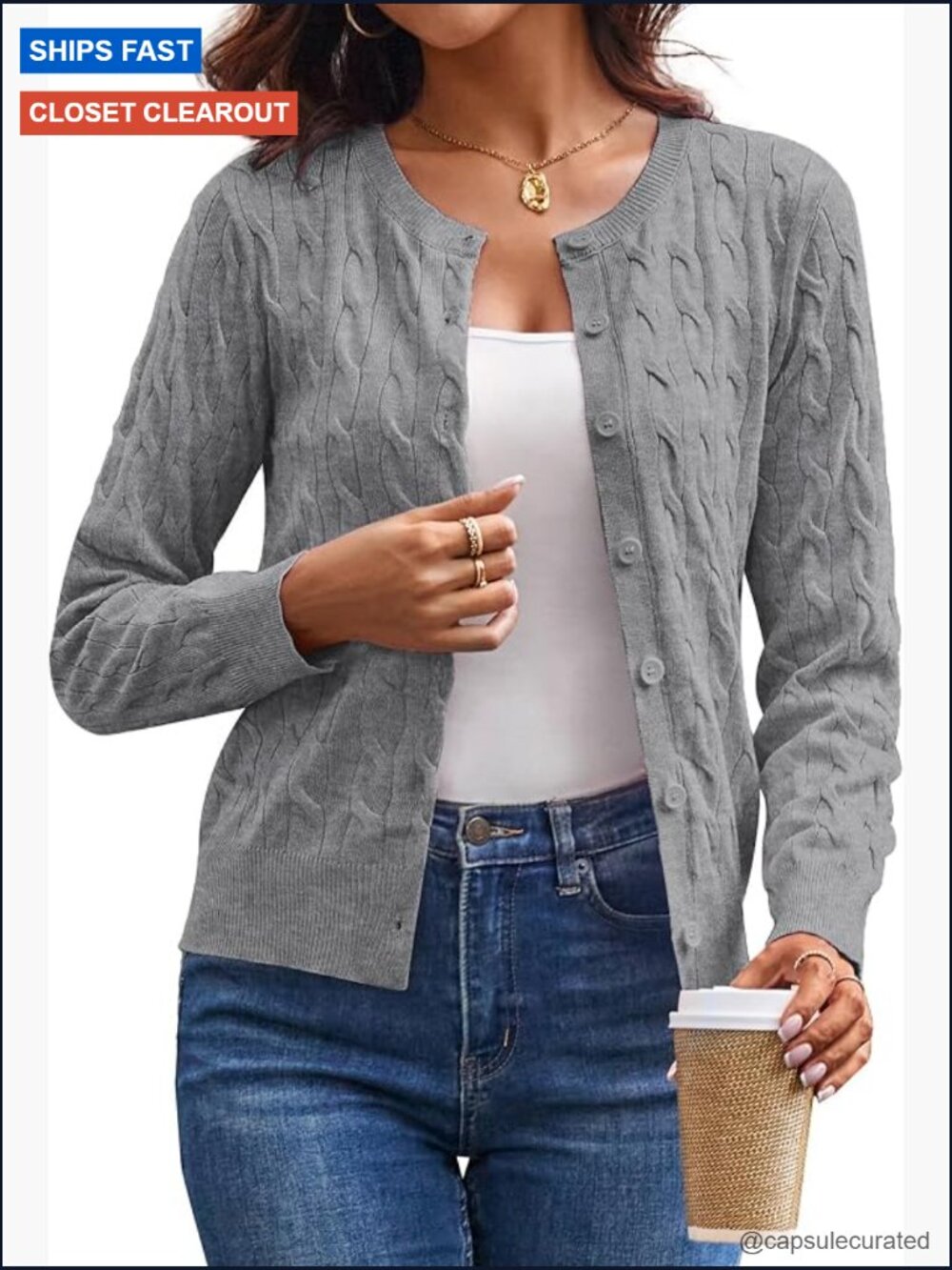 Long Sleeve Button Up Cable Knit Cardigan Lightweight Crew Neck Sweater